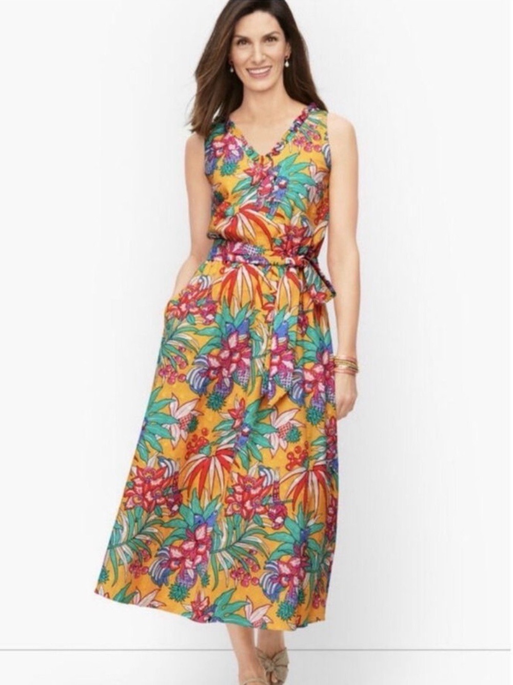 Talbots Smocked Belted Fit & Flare Floral Dress Sz 8 Yellow Preppy Party Cottage